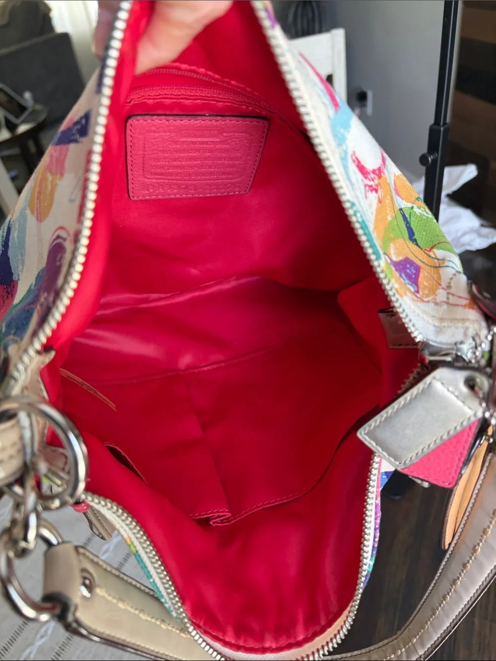 Coach Poppy Multicolor Canvas Shoulder Bag with Cream Leather Trim - Picture 9 of 16